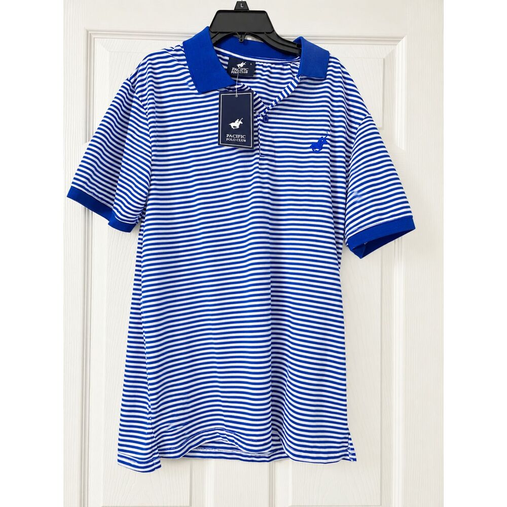Pacific Polo Club Striped Polo Shirt Men Large L Blue White New Short Sleeve NWT